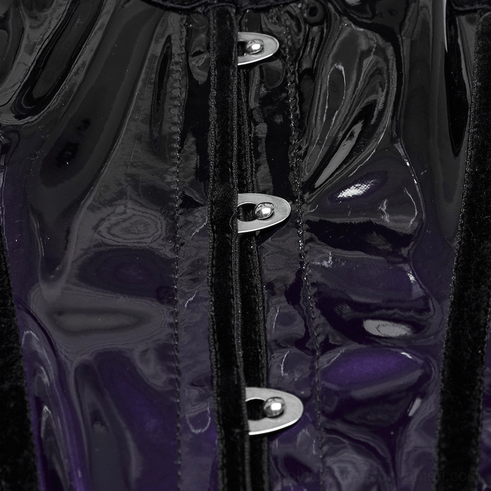 Macro detail of underbust corset metal hook fasteners on glossy patent leather with velvet-bound edge finish