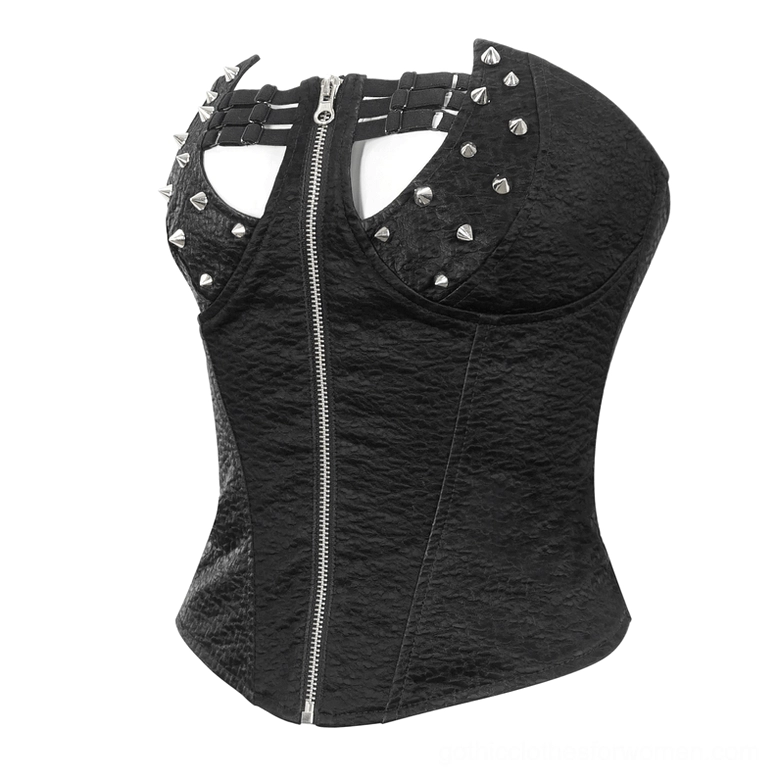 Side flat lay view of black wrinkled synthetic leather corset with silver front zipper
