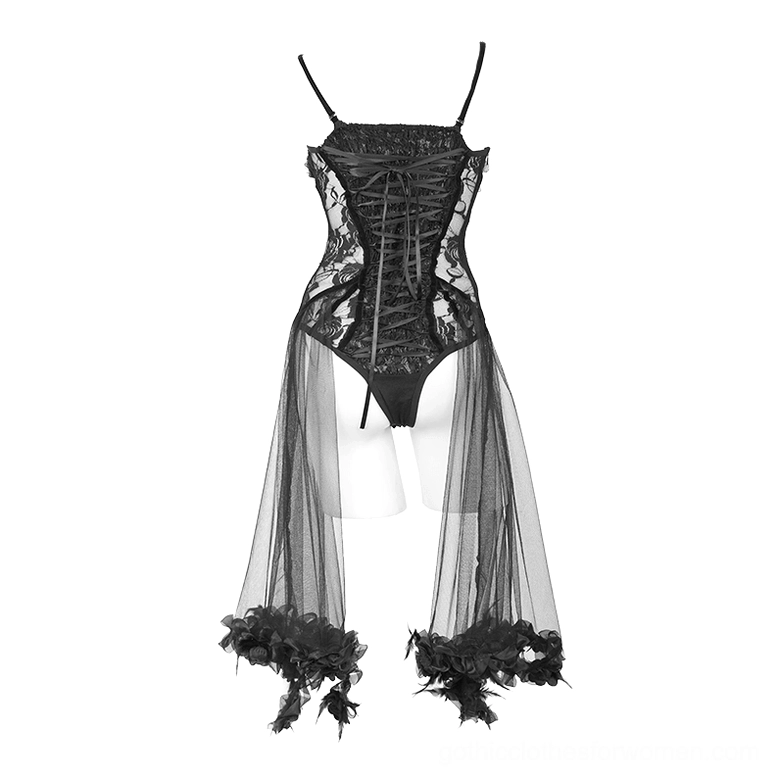 Black corset-style lace bodysuit with lace-up back closure and feather-trimmed sheer skirts rear view