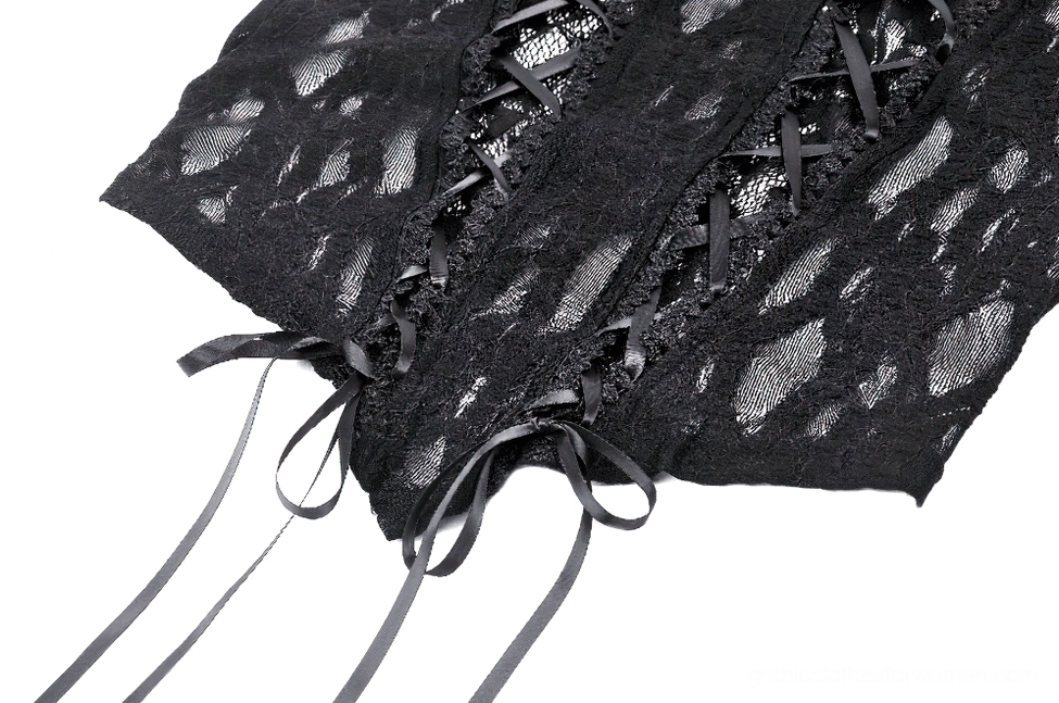 Close-up of satin ribbon lace-up front closure on black lace corset top showing adjustable waist fit