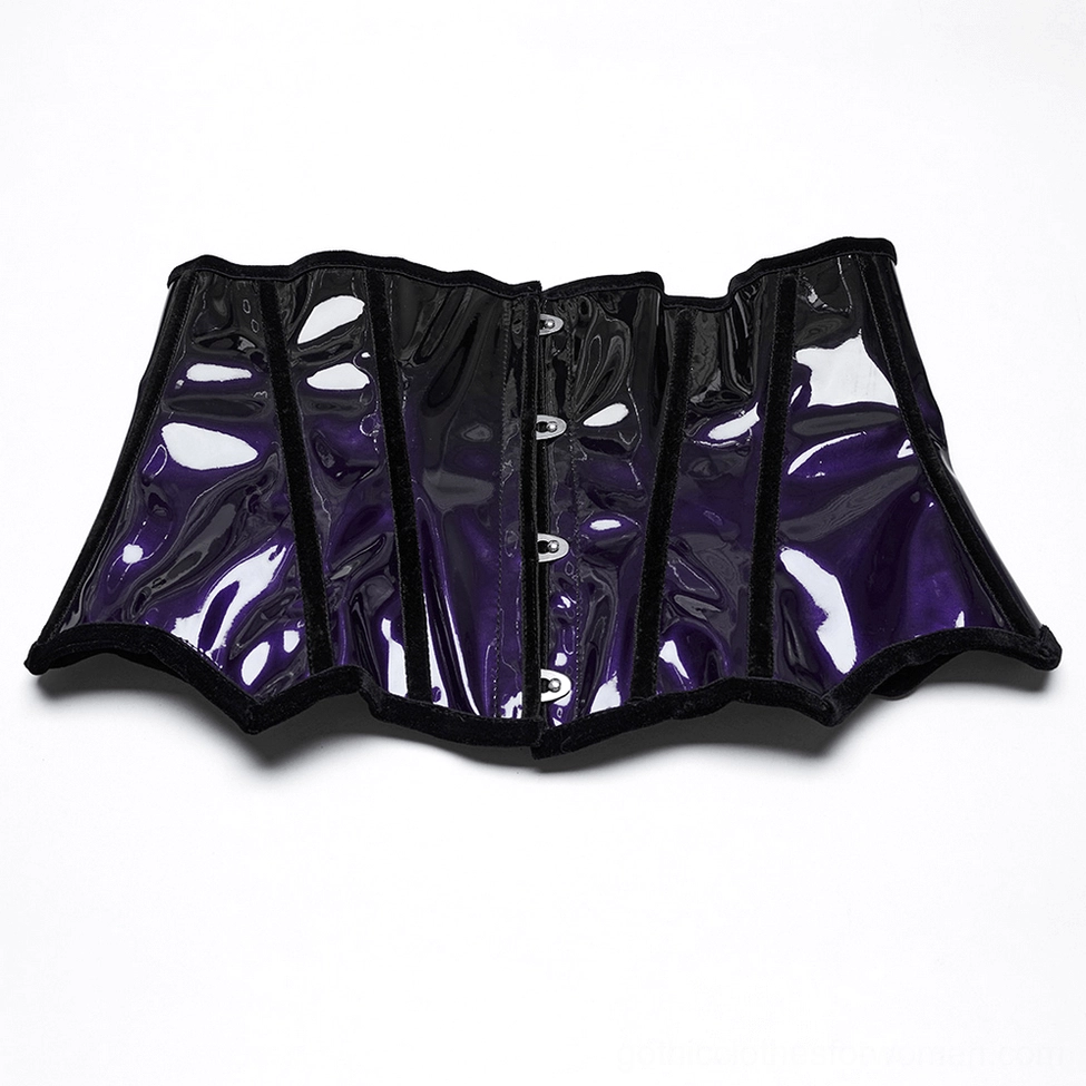 Top-down flat lay of purple gradient underbust corset revealing front hook fastener strip and glossy patent leather finish