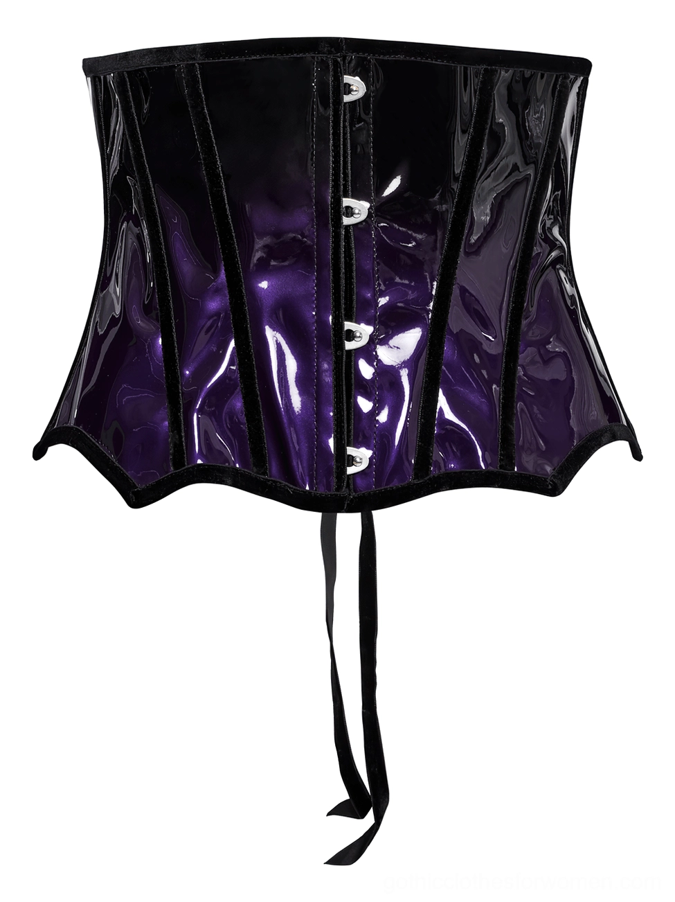 Underbust corset front flat lay showing vertical boning seams, scalloped hem detail, and hanging satin adjustable tie