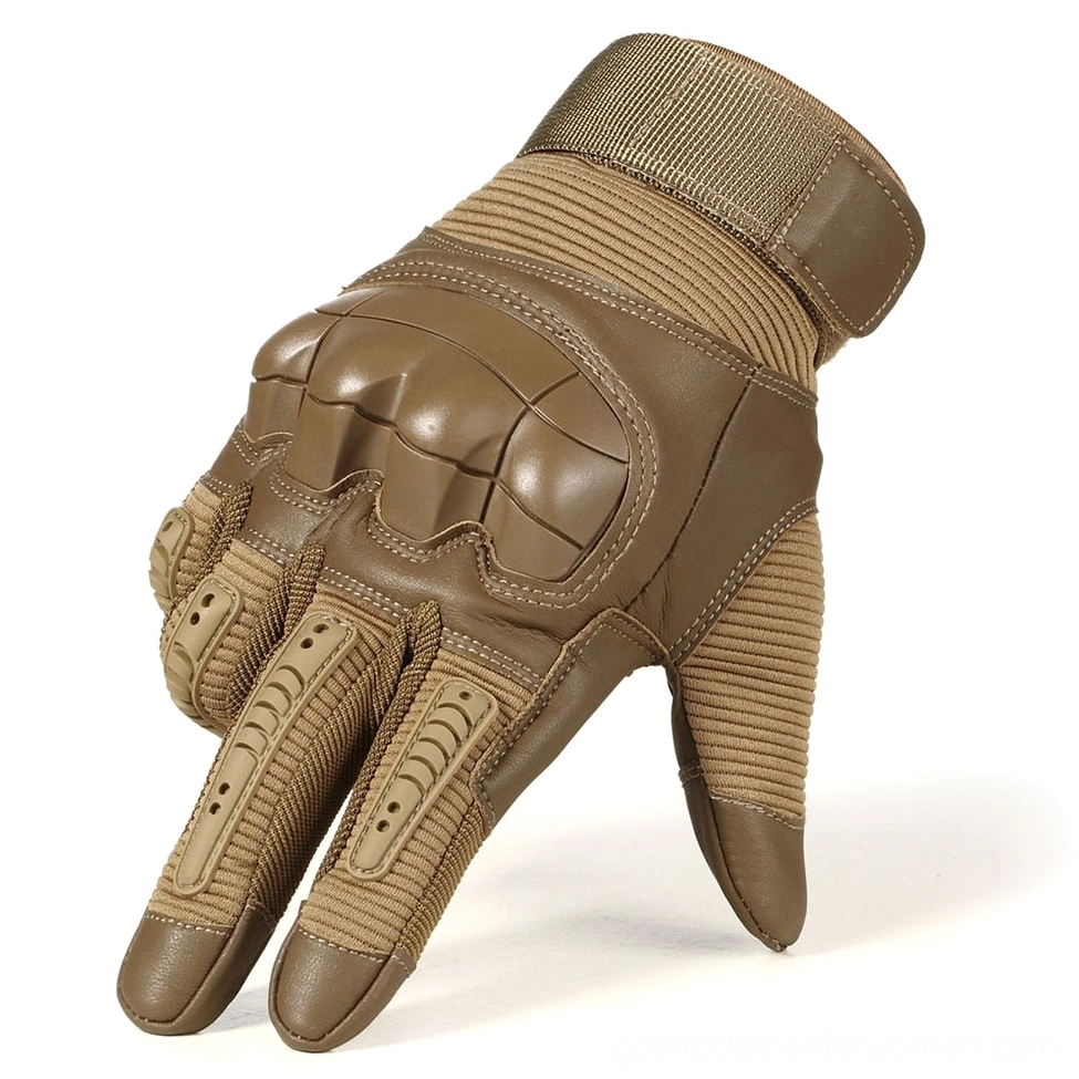 Coyote brown tactical half-finger gloves with rubber knuckle guards and textured finger details