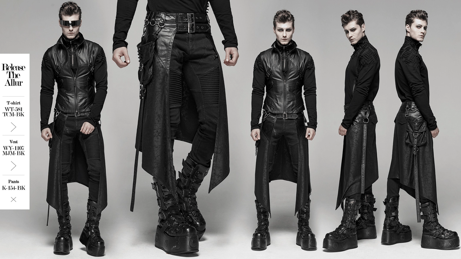 Cracked leather dieselpunk half kilt skirt for men - full product showcase with dramatic asymmetrical silhouette