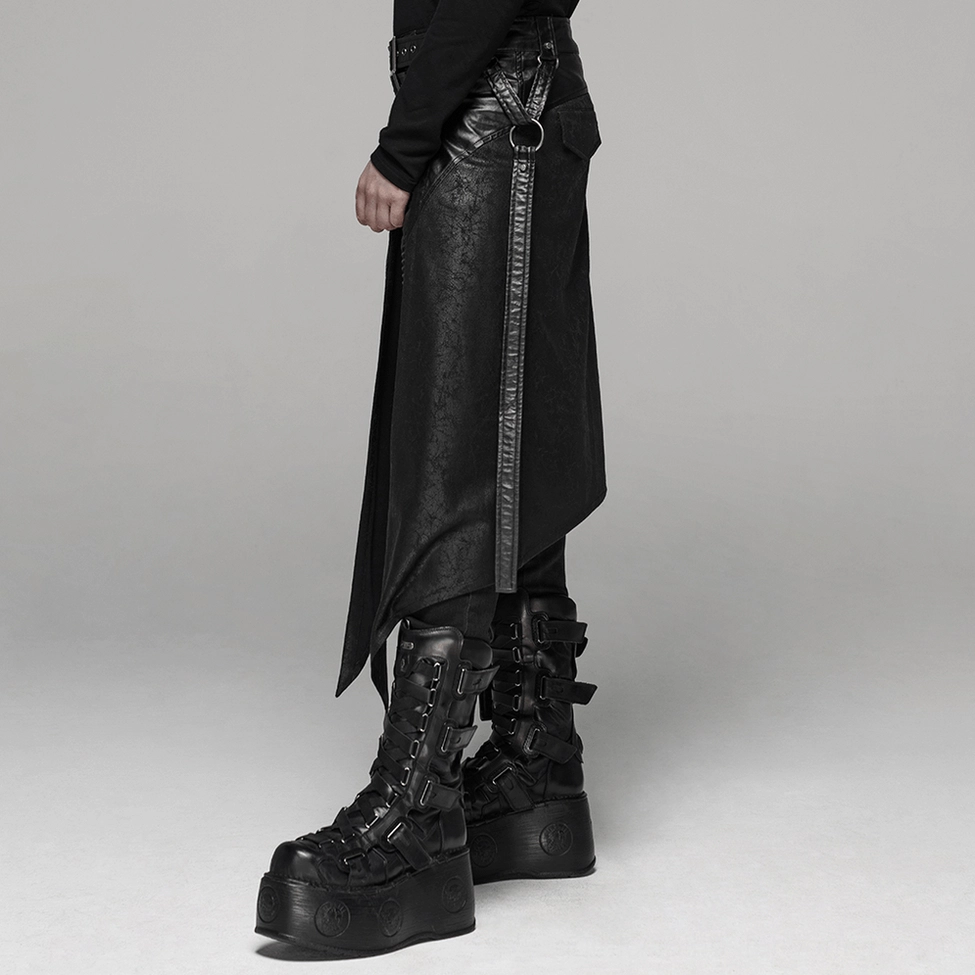 Goth-inspired cracked leather half kilt skirt - front view showcasing punk and steampunk aesthetic elements