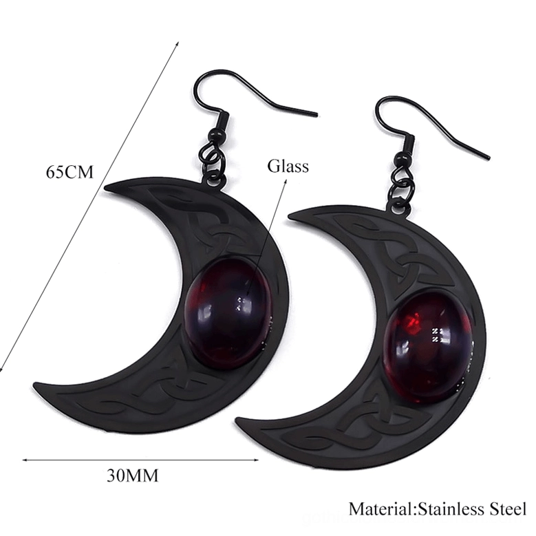 Gothic crescent moon drop earrings with size measurements, red glass gemstone, Celtic knotwork detail, flat lay