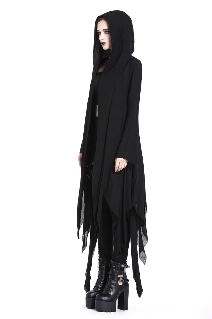 Full-body styling of crescent moon gothic coat with long flowing silhouette and punk aesthetic