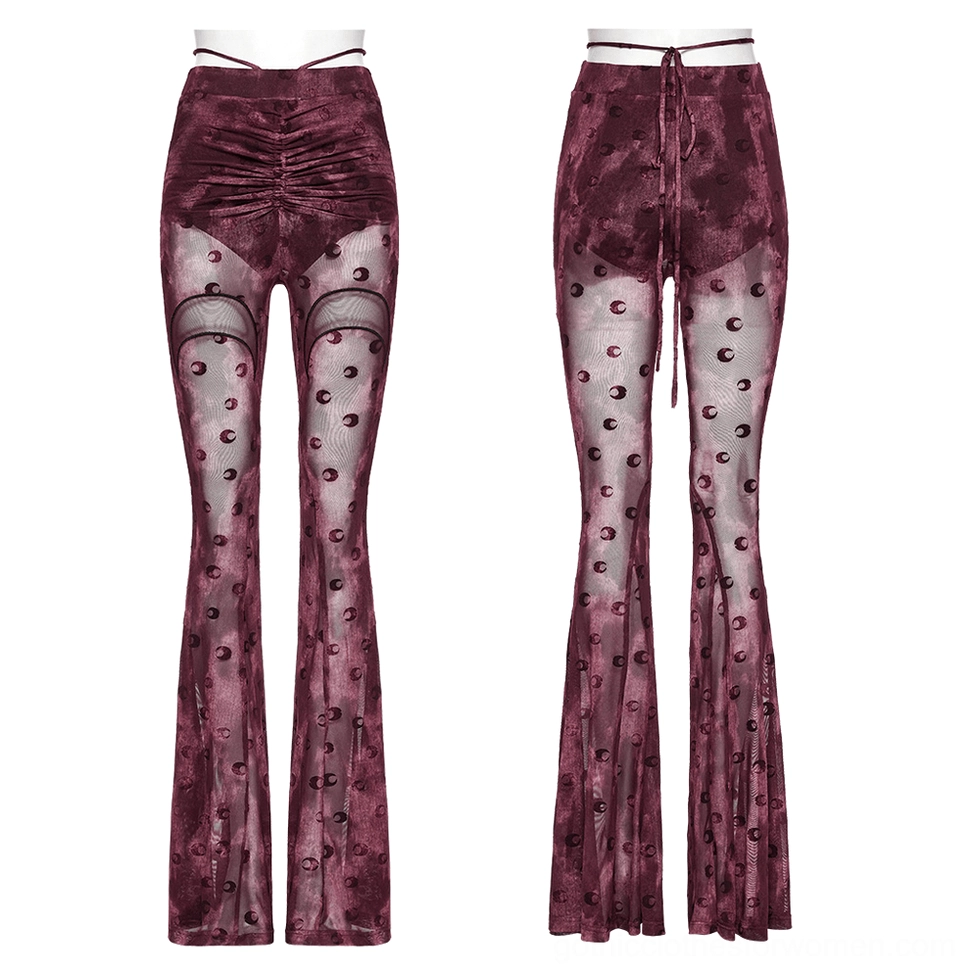 Gothic crescent moon printed mesh flare pants flat lay front view in deep burgundy