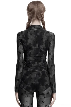 Gothic crescent print high collar mesh top, rear full-body view showing ruched back design and all-over moon pattern on sheer fabric