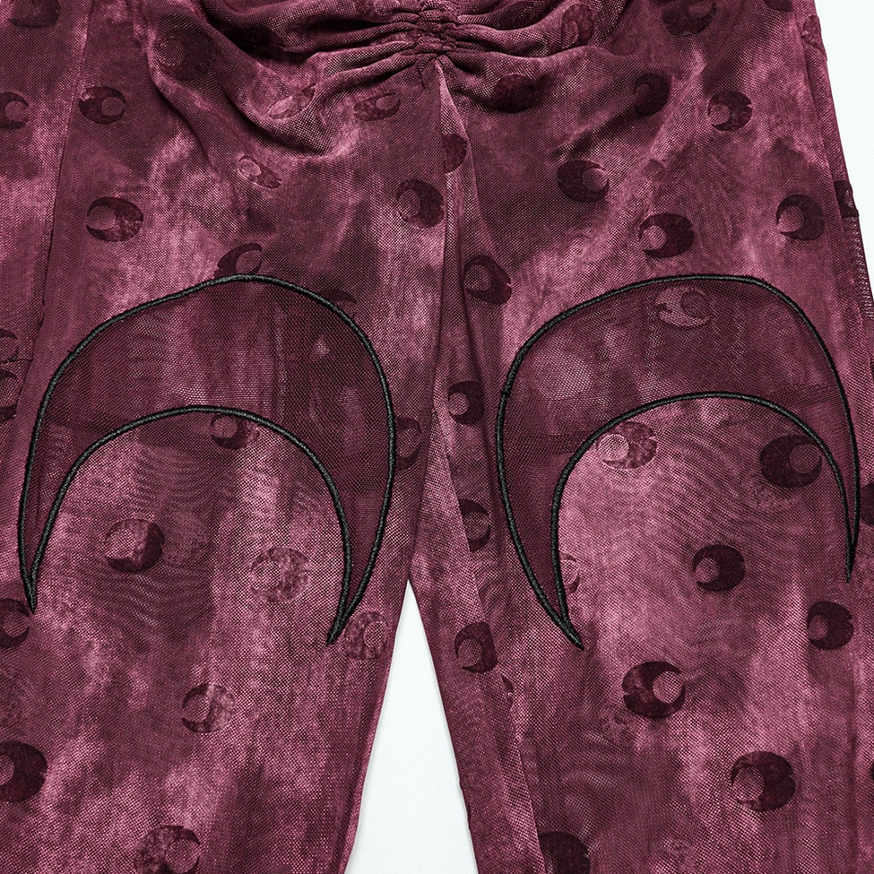 Gothic crescent moon mesh flare pants with self-tie waist full front view