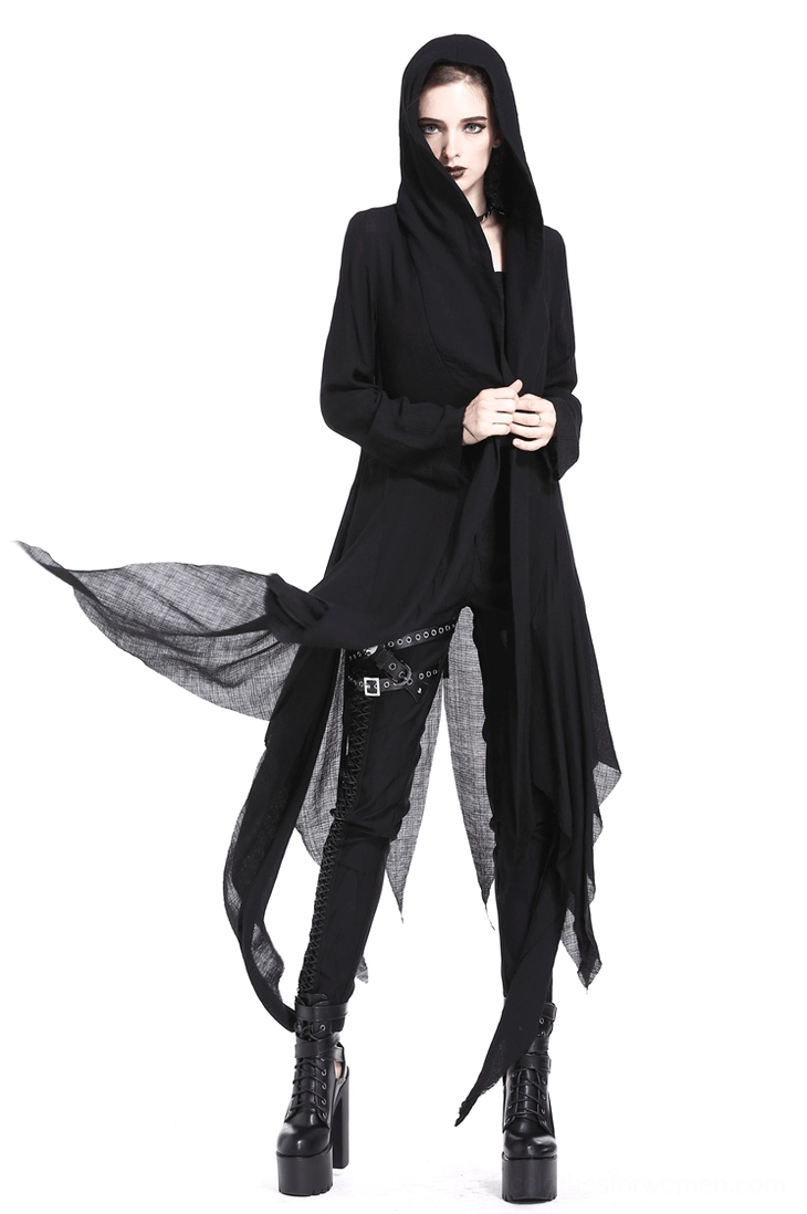 Female model wearing crescent moon cutout black gothic trench coat with shredded asymmetrical hem, front full-body view