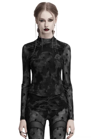 Crescent moon mesh long sleeve gothic top with high collar, front full-body view on model, sheer dark gray mesh fabric, celestial print, slim-fitted silhouette