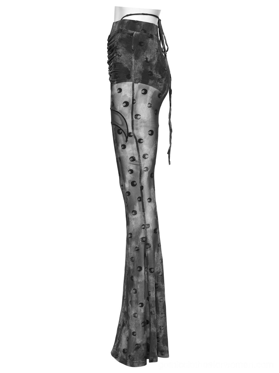 Side view flat lay of gothic mesh pants showing side drawstring and flowing sheer mesh fabric with crescent moon motif