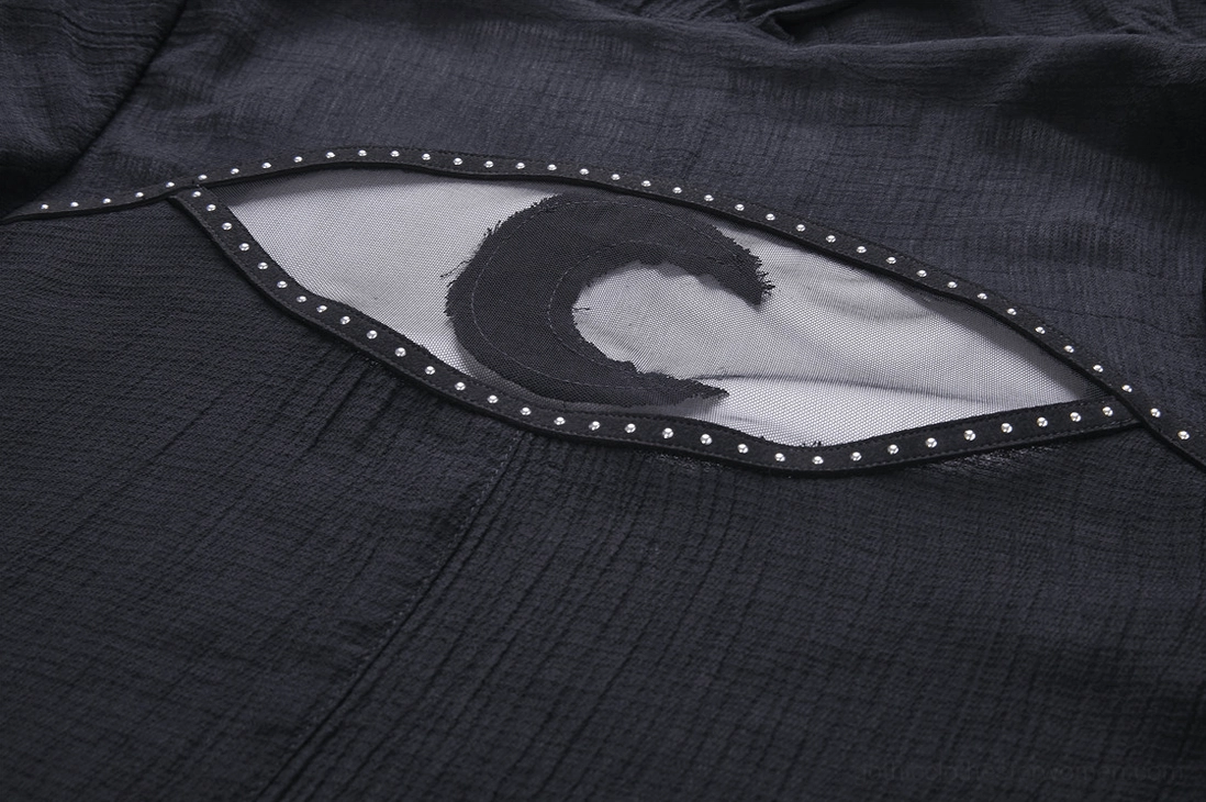Back crescent moon detail with studded mesh border frame on black gothic coat