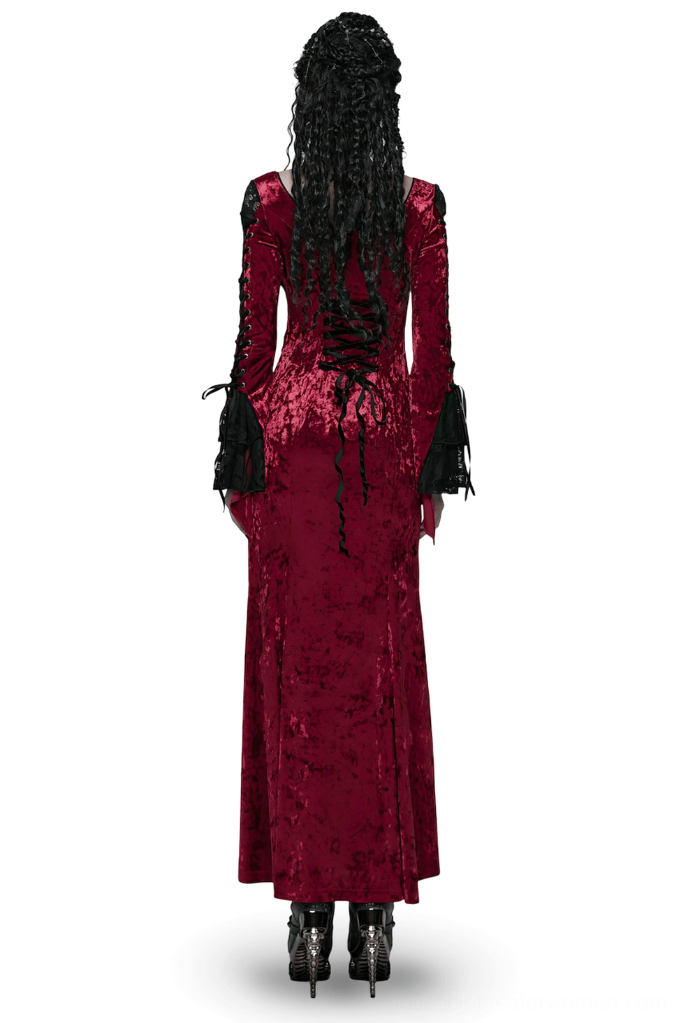 Crimson velvet gothic dress back view showing dramatic lace-up corset back, flared sleeves with lace trim, and floor-length silhouette