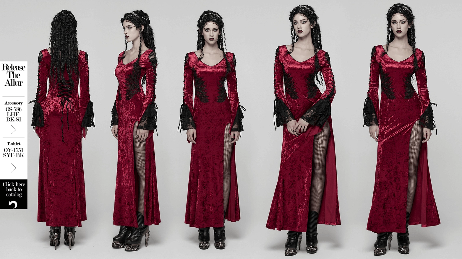 Crimson velvet gothic maxi dress front full-body shot on white background showcasing fitted silhouette and dramatic styling