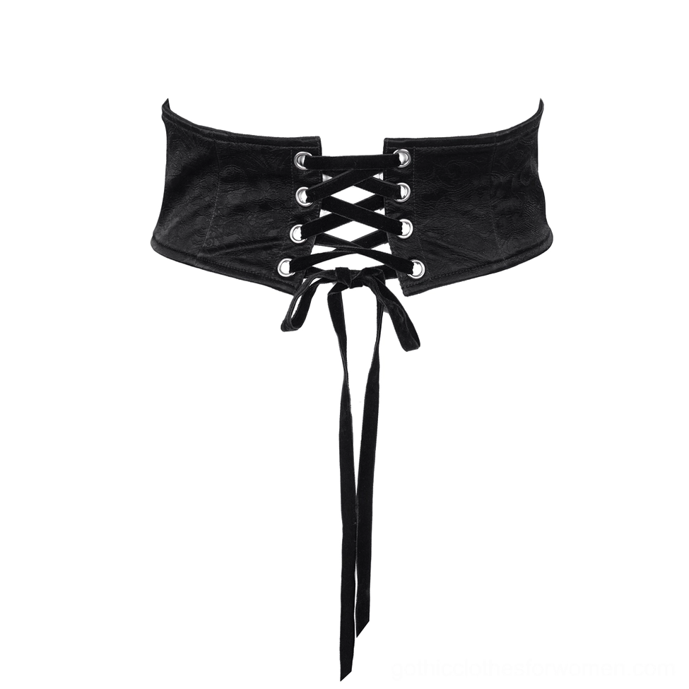 Crisscross lace-up gothic corset belt front view with ribbon eyelets and waist sash
