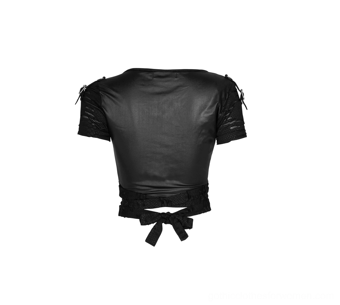 Back flat lay of distressed crop top featuring faux leather panel with bow tie closure and shoulder tie details