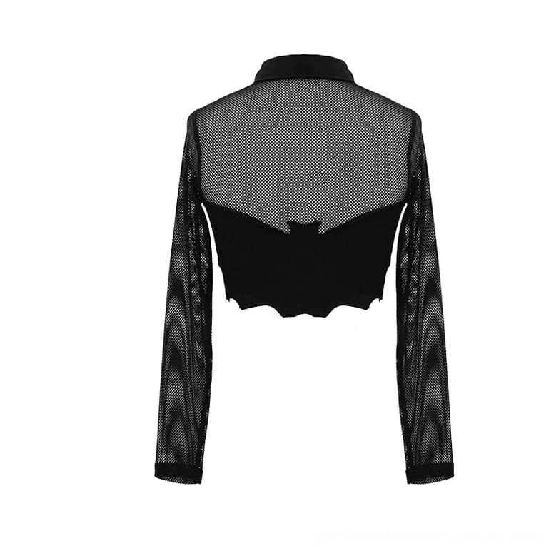 Back panel detail of gothic mesh crop top showing black mesh yoke and turndown collar design
