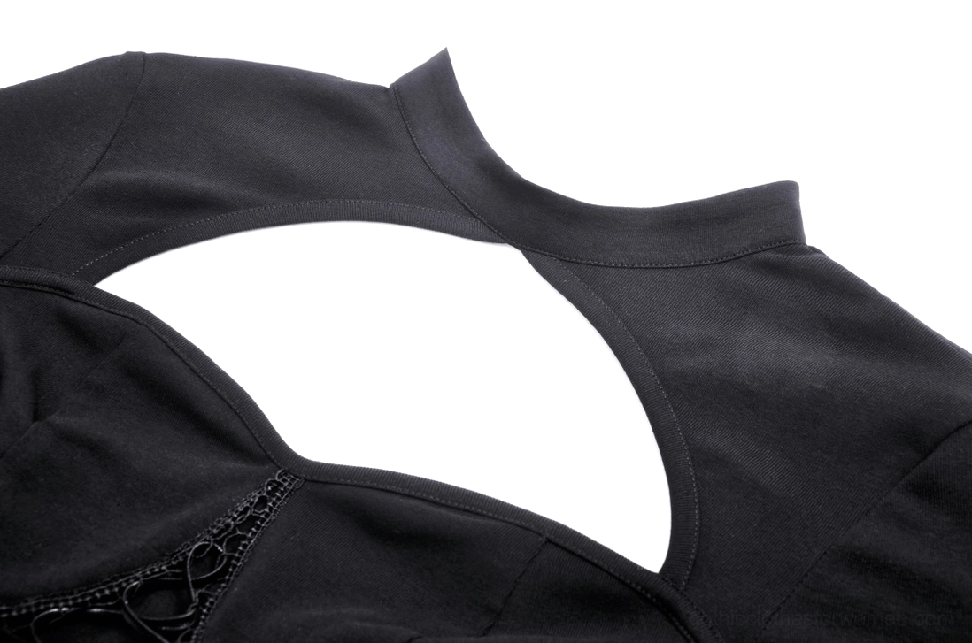 Close-up of black mesh crop top neckline showing heart cutout and lace-up mesh detail