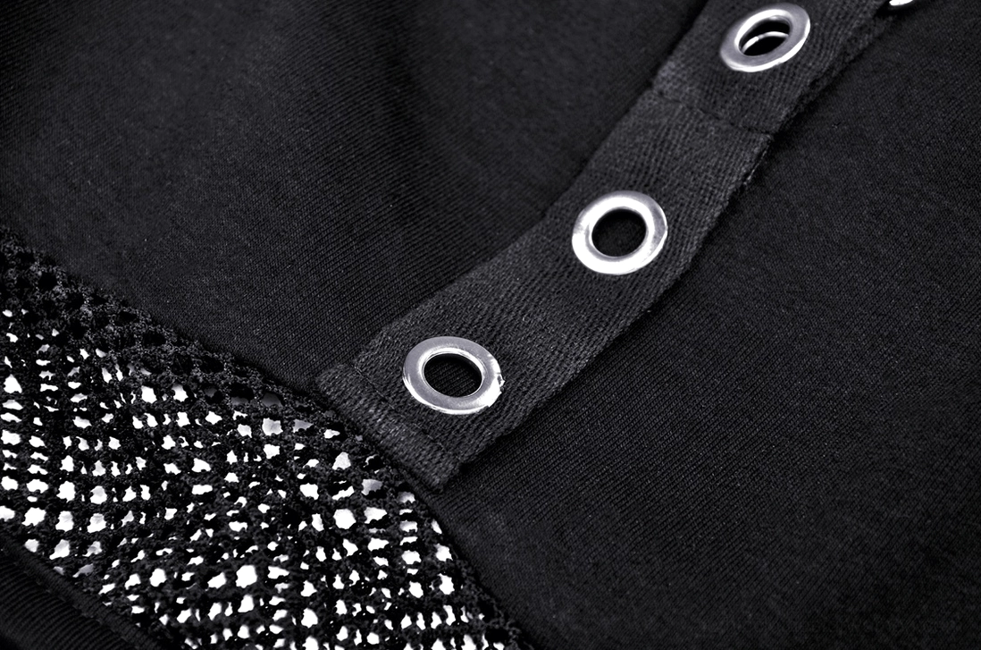 Black gothic crop top placket with silver metal eyelet buttons and mesh fabric join, close-up detail