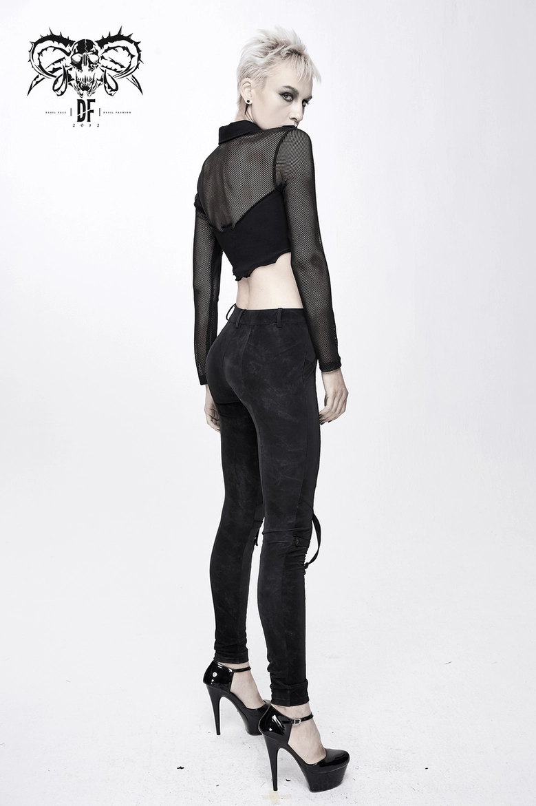Black mesh crop top close-up showing texture, fit, and buckle hardware quality