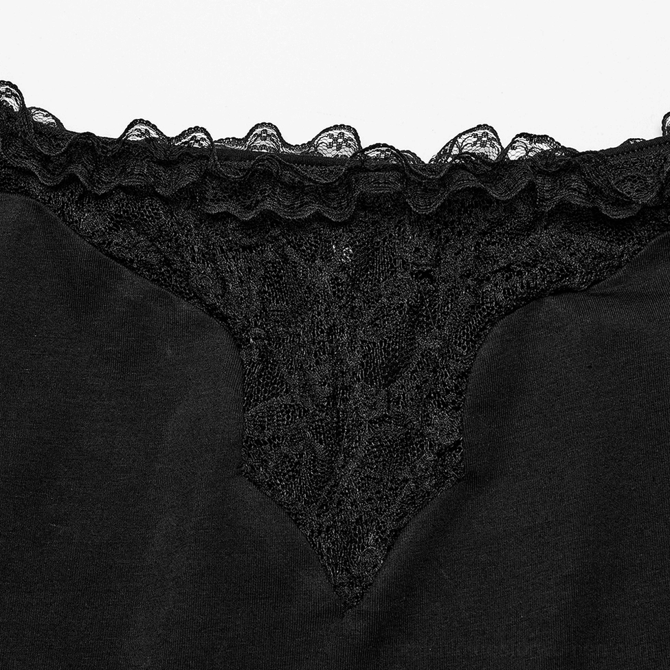 Close-up detail of double-layer ruffled lace neckline edge on off-shoulder crop top