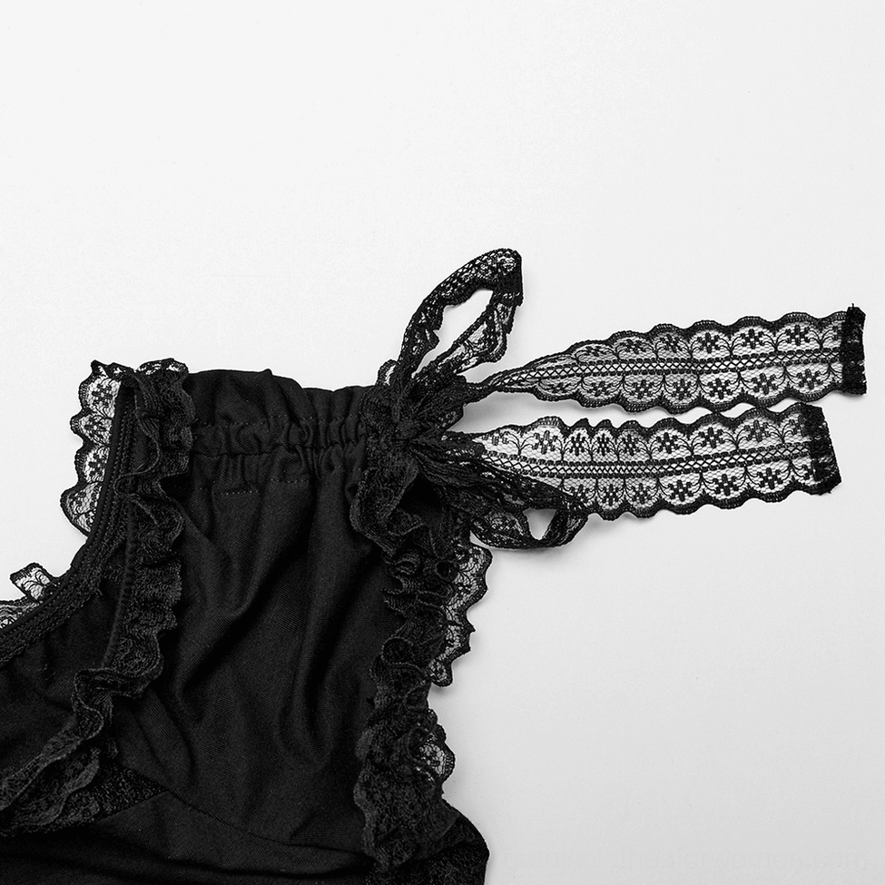 Close-up detail of lace ribbon tie-up trim on crop top sleeve with ruffled lace cuff
