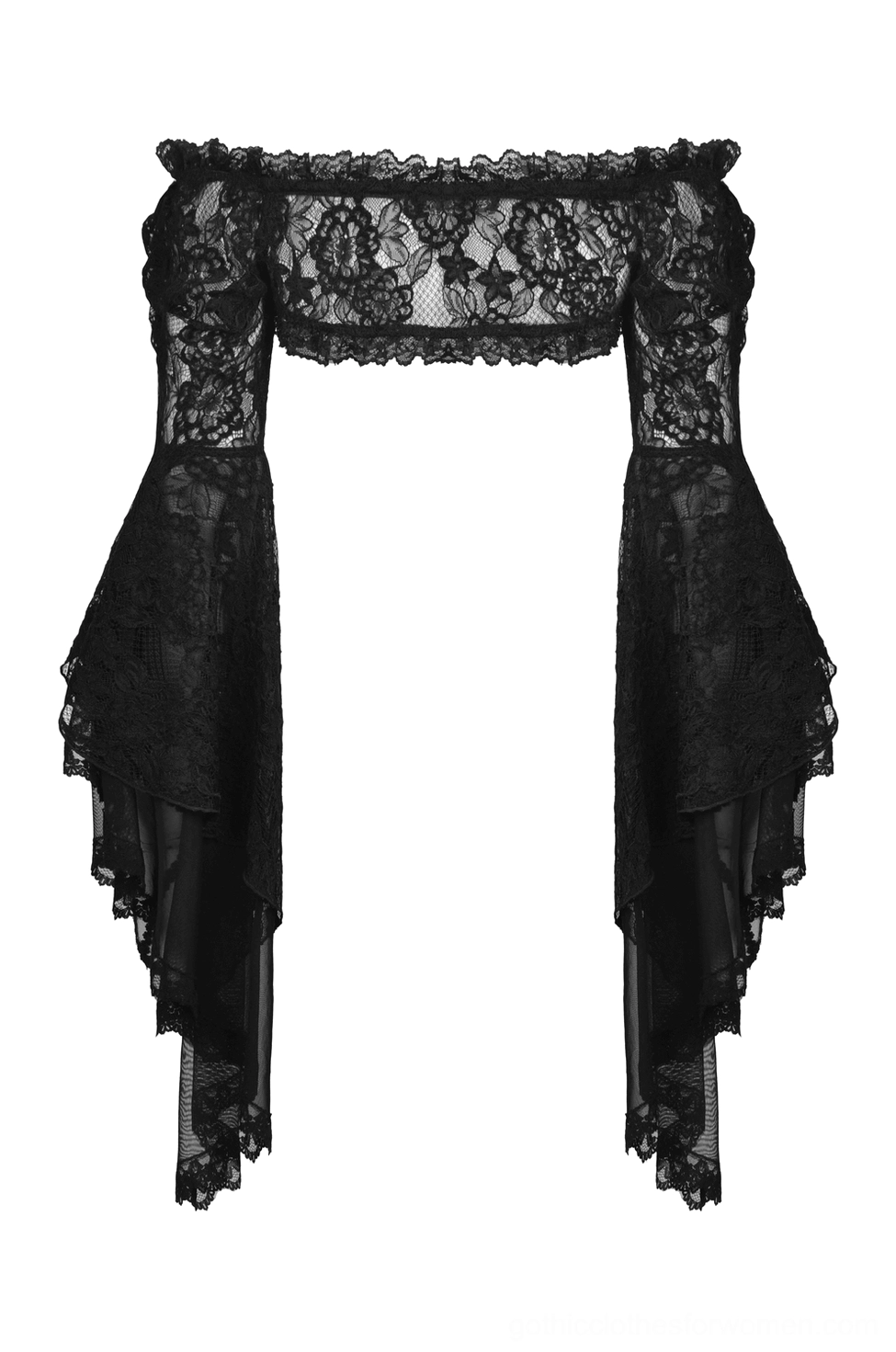 Cropped black lace off-the-shoulder gothic bolero, flat lay shot showcasing straight neckline and sheer lace fabric