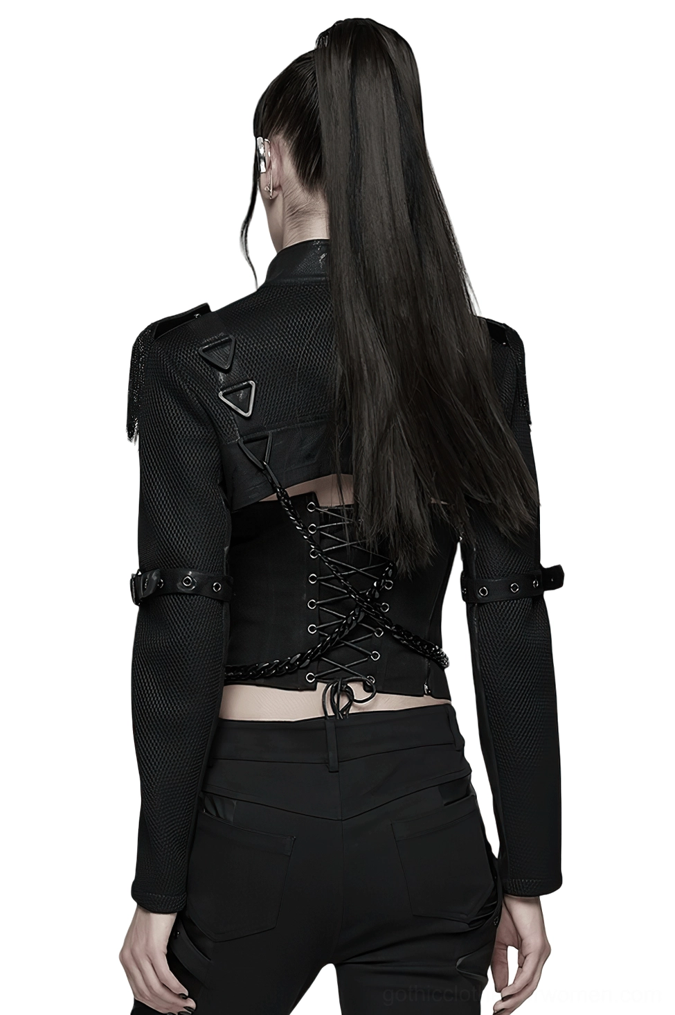 Gothic chain harness cropped jacket back lace-up design open back view on model with high ponytail