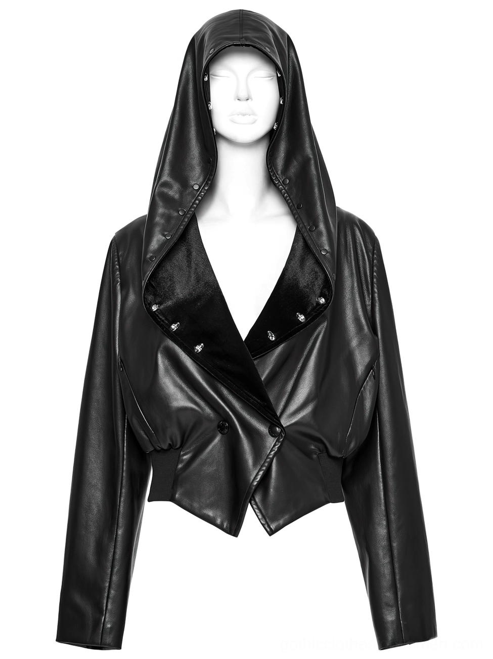 Front full-body display of black cropped gothic jacket with oversized hood and double-breasted styling