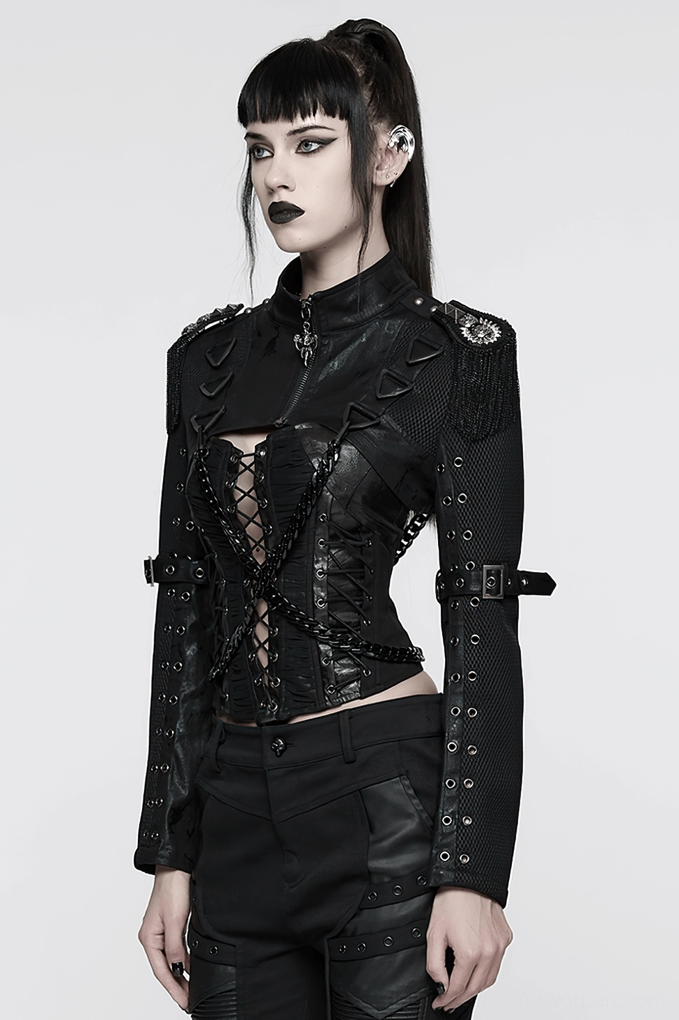 Cropped gothic jacket lace-up front detail with industrial eyelet hardware and mesh fabric composition