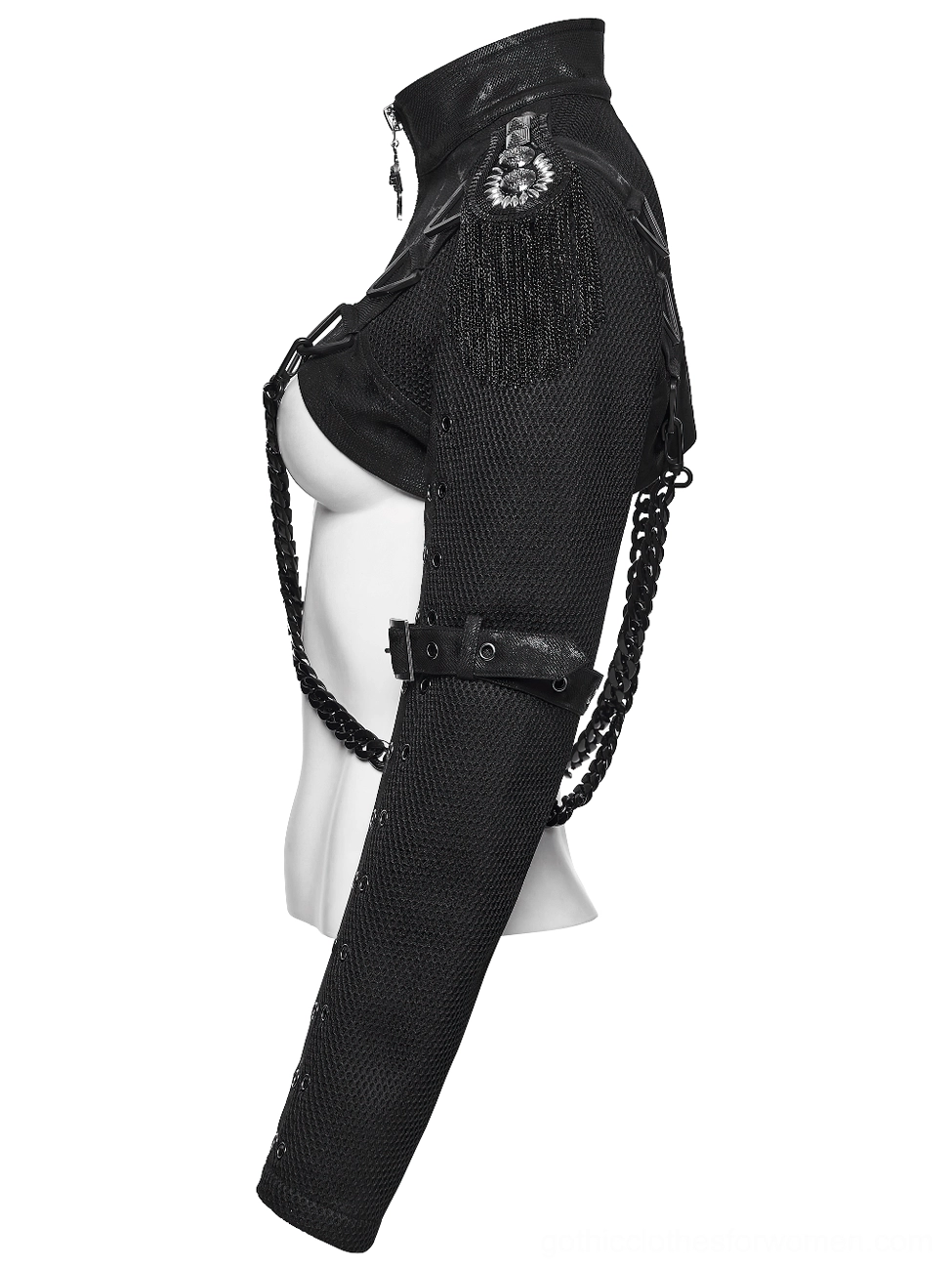 Gothic cropped jacket side view showing chain strap and tassel shoulder decoration on dress form