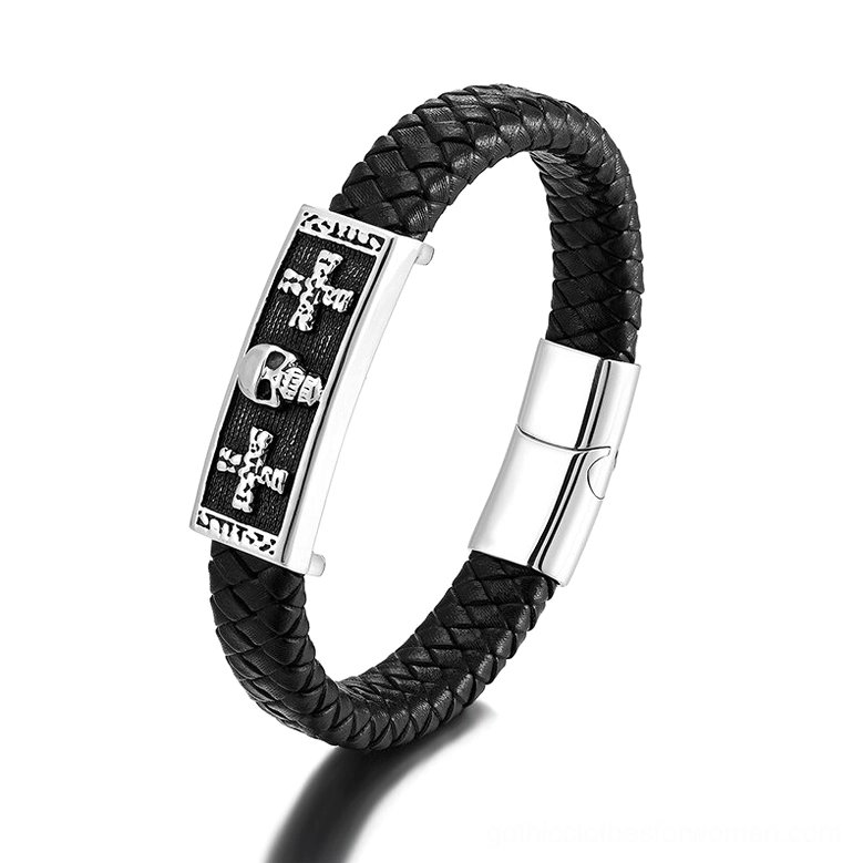 Black leather cross emblem bracelet with engraved cross badge and stainless steel magnetic clasp - gothic spiritual design
