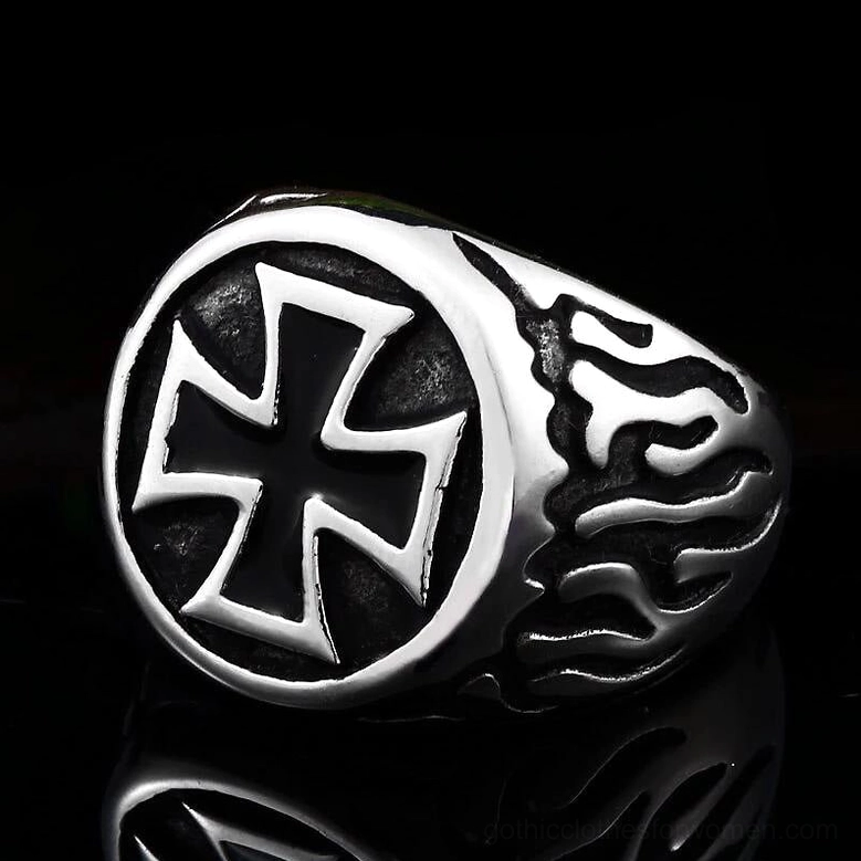 Industrial gothic cross ring side profile showing engraved flame band and patina finish