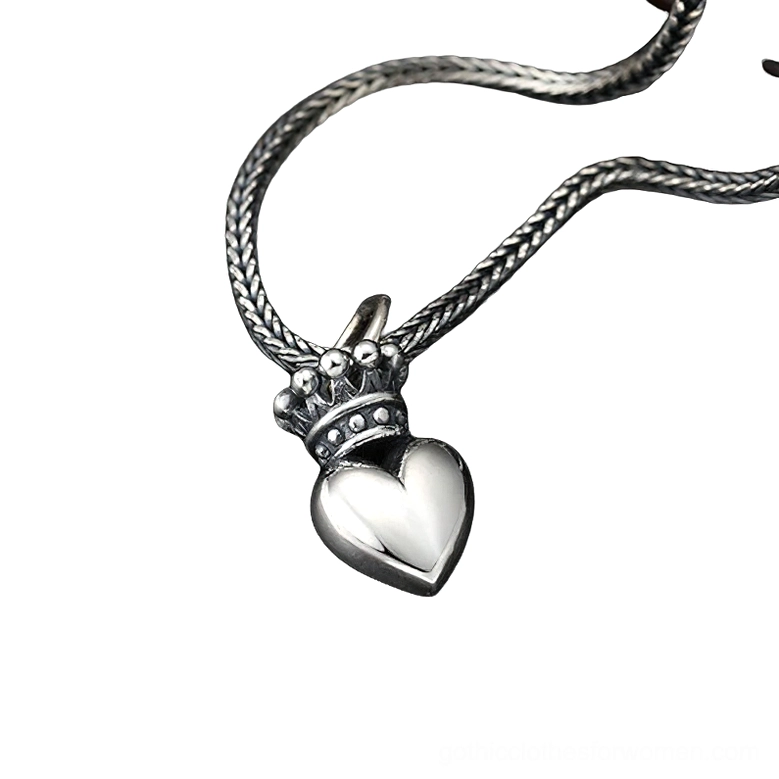 Crowned heart pendant necklace with braided wheat chain, gothic sterling silver jewelry