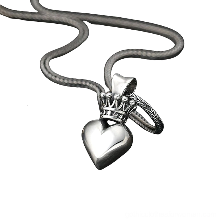 Crowned heart pendant side profile, thick woven silver chain, secure bail detail gothic necklace