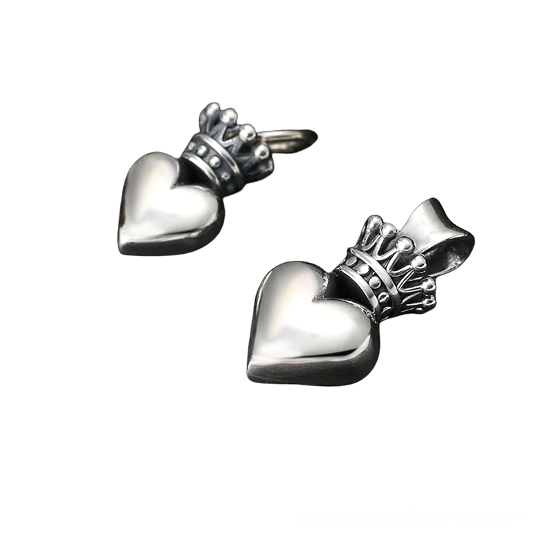Two sized crowned heart pendants side by side, gothic silver charm comparison, large and small options