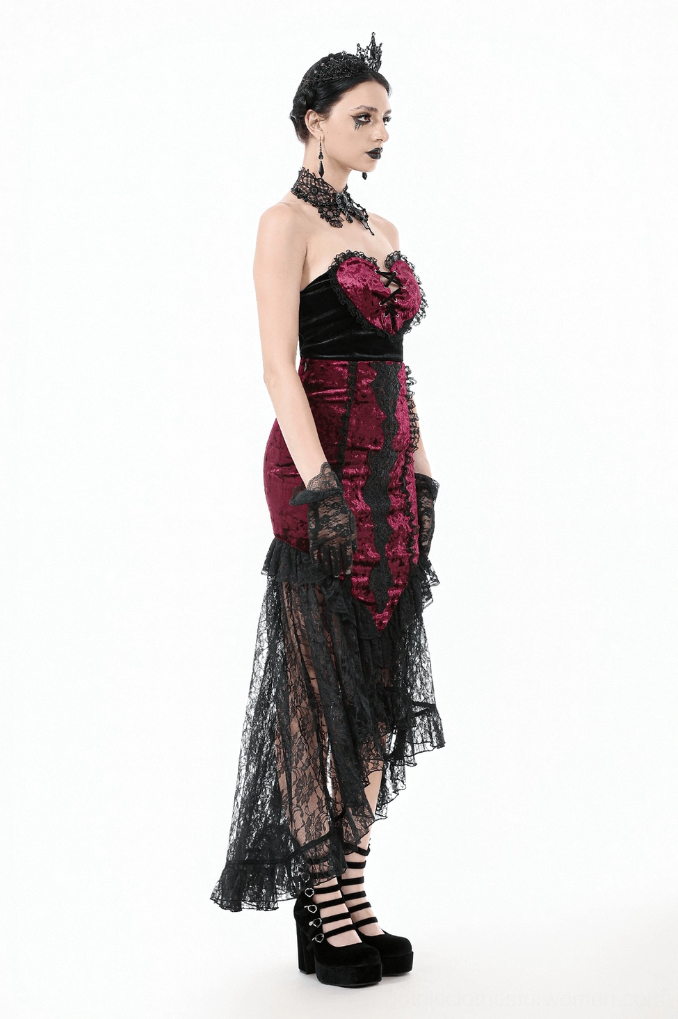 Dimensional view of burgundy crushed velvet gothic skirt emphasizing three-dimensional design and layering
