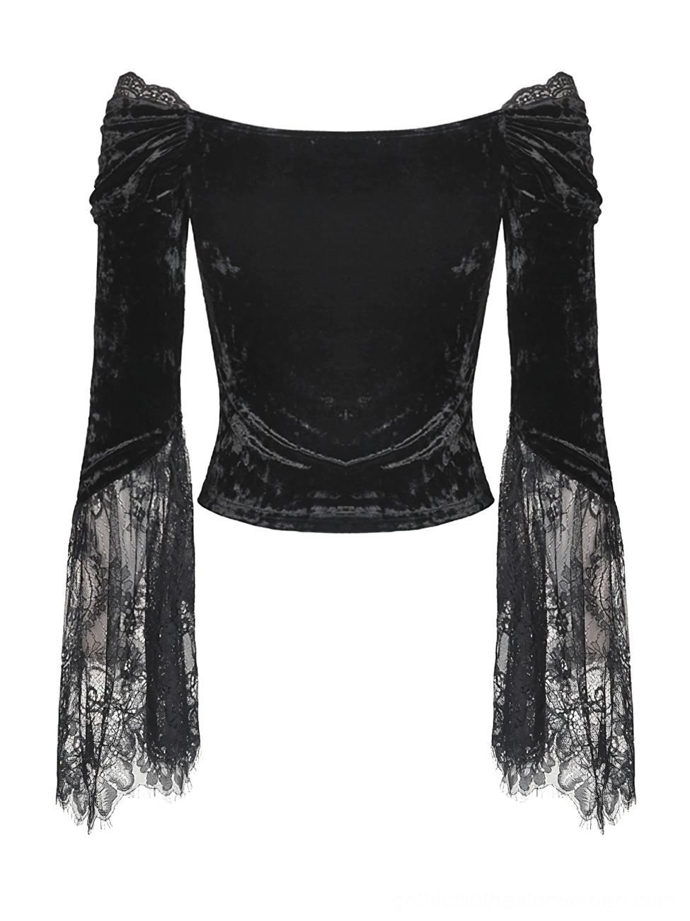 Black crushed velvet off-shoulder gothic top, front flat lay display with lace trim detail