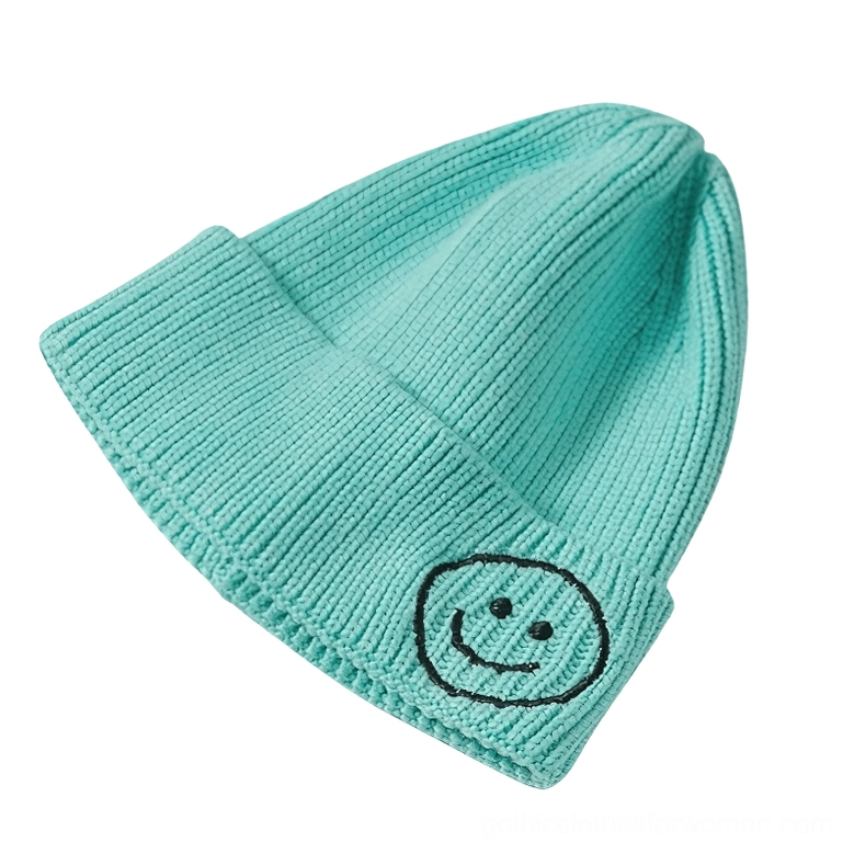 Cyan turquoise smiley face knit beanie with embroidered smiley, dark aesthetic winter hat unisex