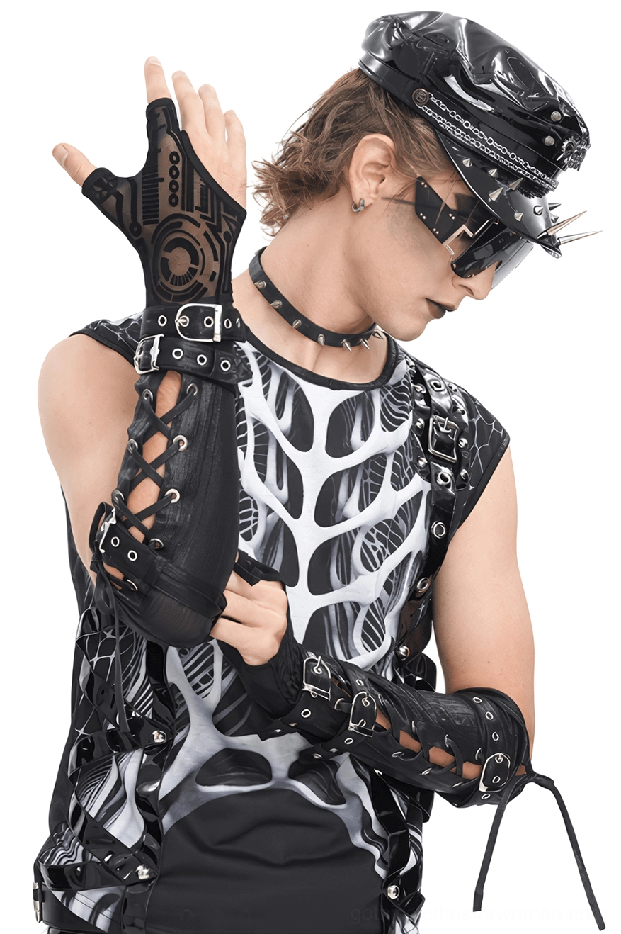 Male model wearing black cyberpunk arm gauntlets with metal buckles and circuit pattern, three-quarter left view showcasing lace-up design
