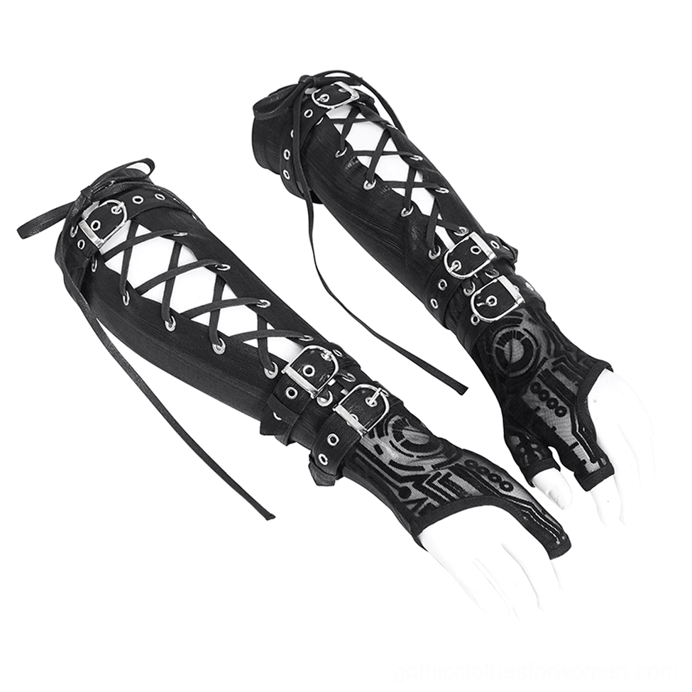 Pair of black cyberpunk arm gauntlets with cross lace-up straps, metal buckles, and circuit pattern top-down view