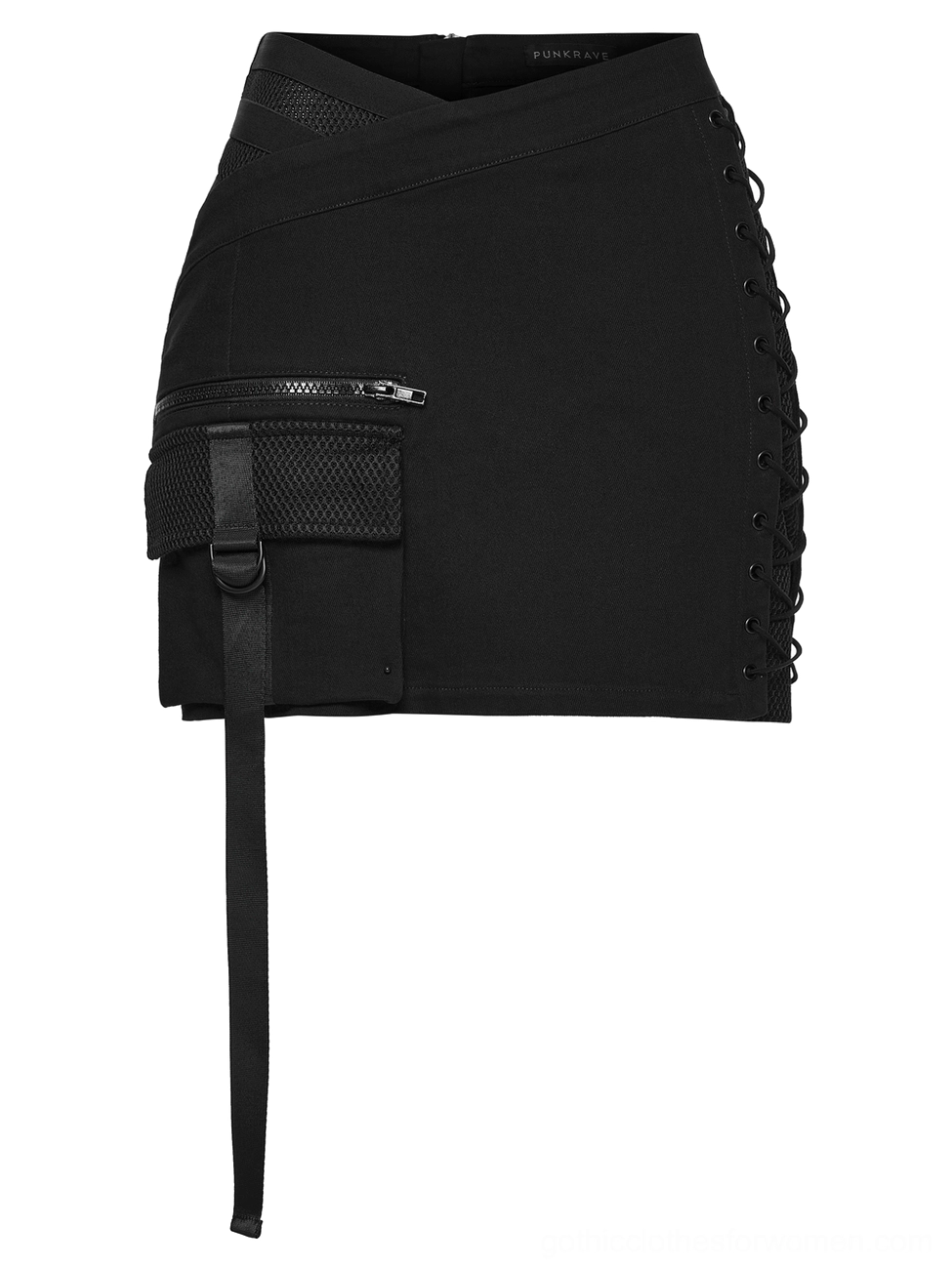 Asymmetrical black cyberpunk bodycon mini skirt flat lay side view with crossover waist, lace-up panel and mesh utility pocket