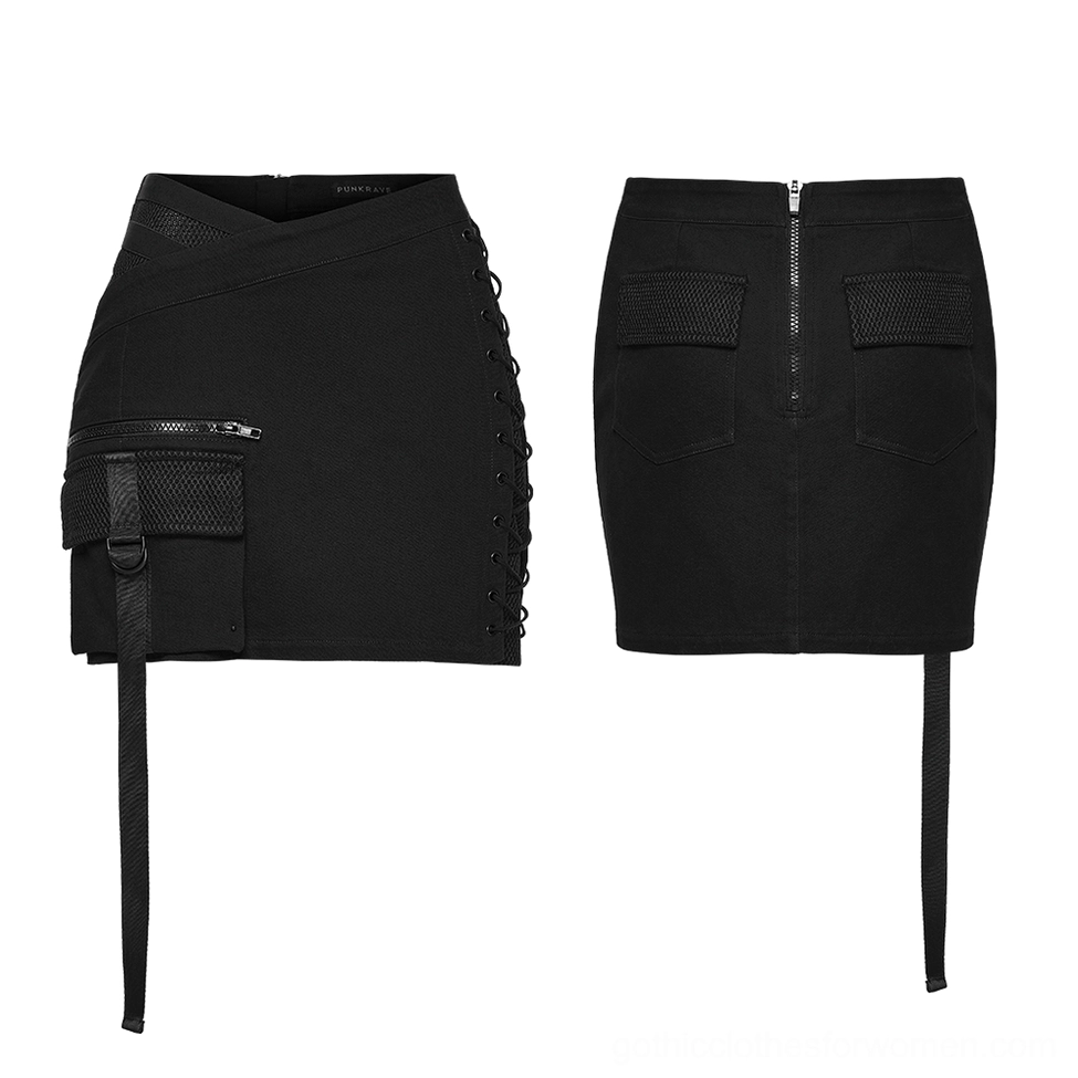 Asymmetrical tactical black cyberpunk mini skirt flat lay front and rear view showcasing lace-up side and zippered utility pocket with hanging strap