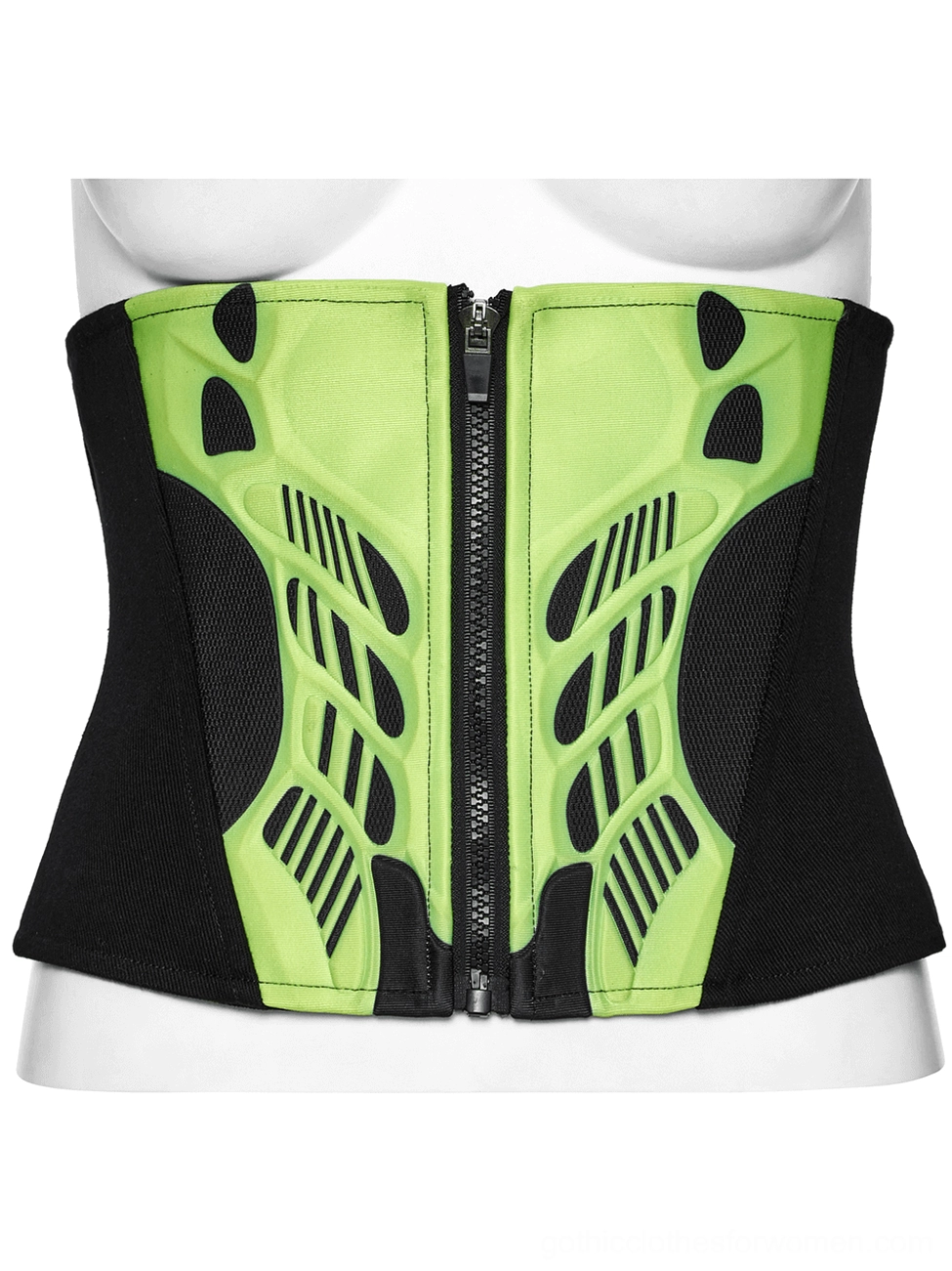 Black cyberpunk waist corset displayed on white mannequin with neon green futuristic armor cutout details and zipper