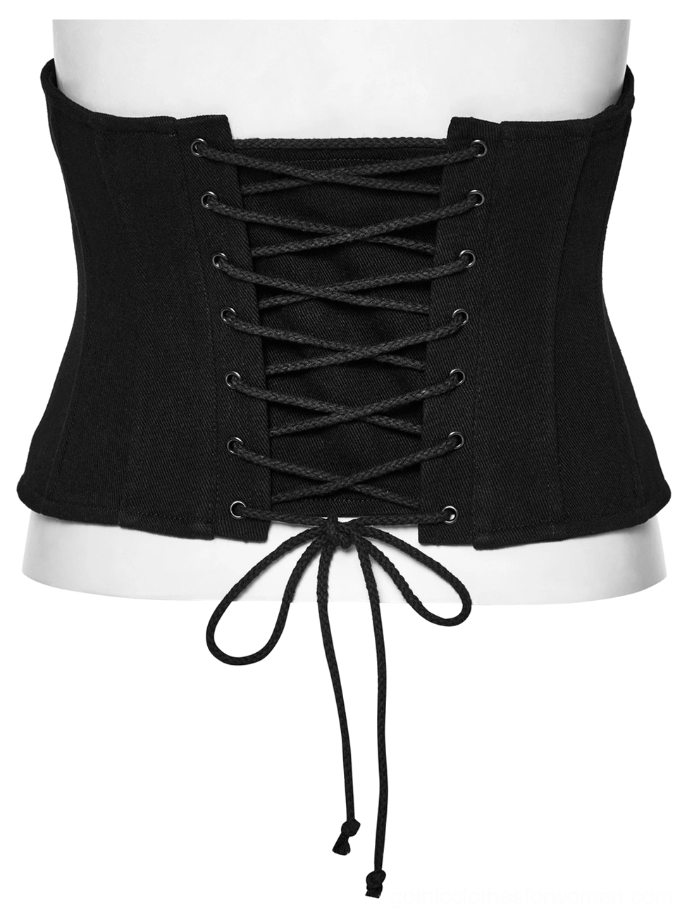 Back view of cyberpunk waist corset on white mannequin with thick lace-up closure and extended black drawstrings