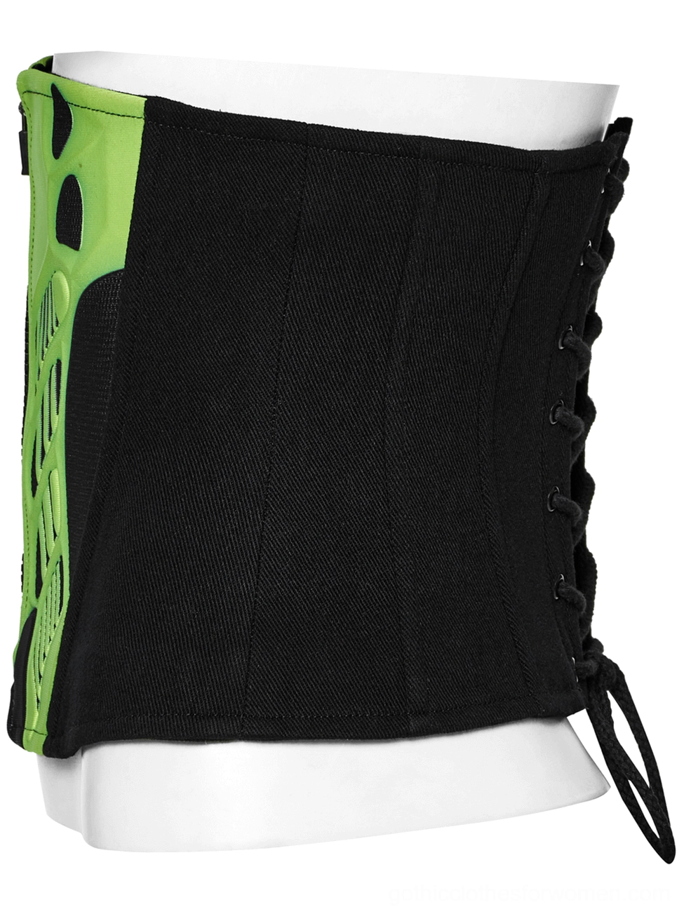 Side profile view of gothic cyberpunk corset on mannequin showing neon green side panel armor and lace-up ties