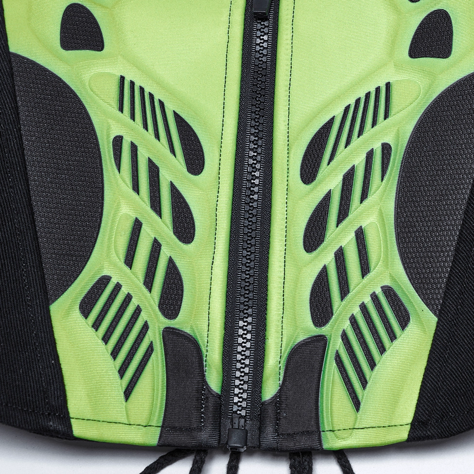 Close-up macro shot of cyberpunk corset front zipper with neon green 3D armor cutout panels and black woven fabric