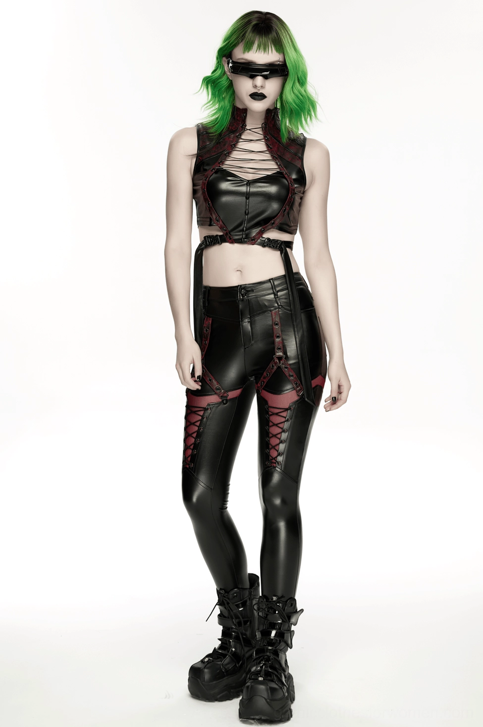 Black faux leather cyberpunk crop top with wine-red cracked trim and futuristic harness styling